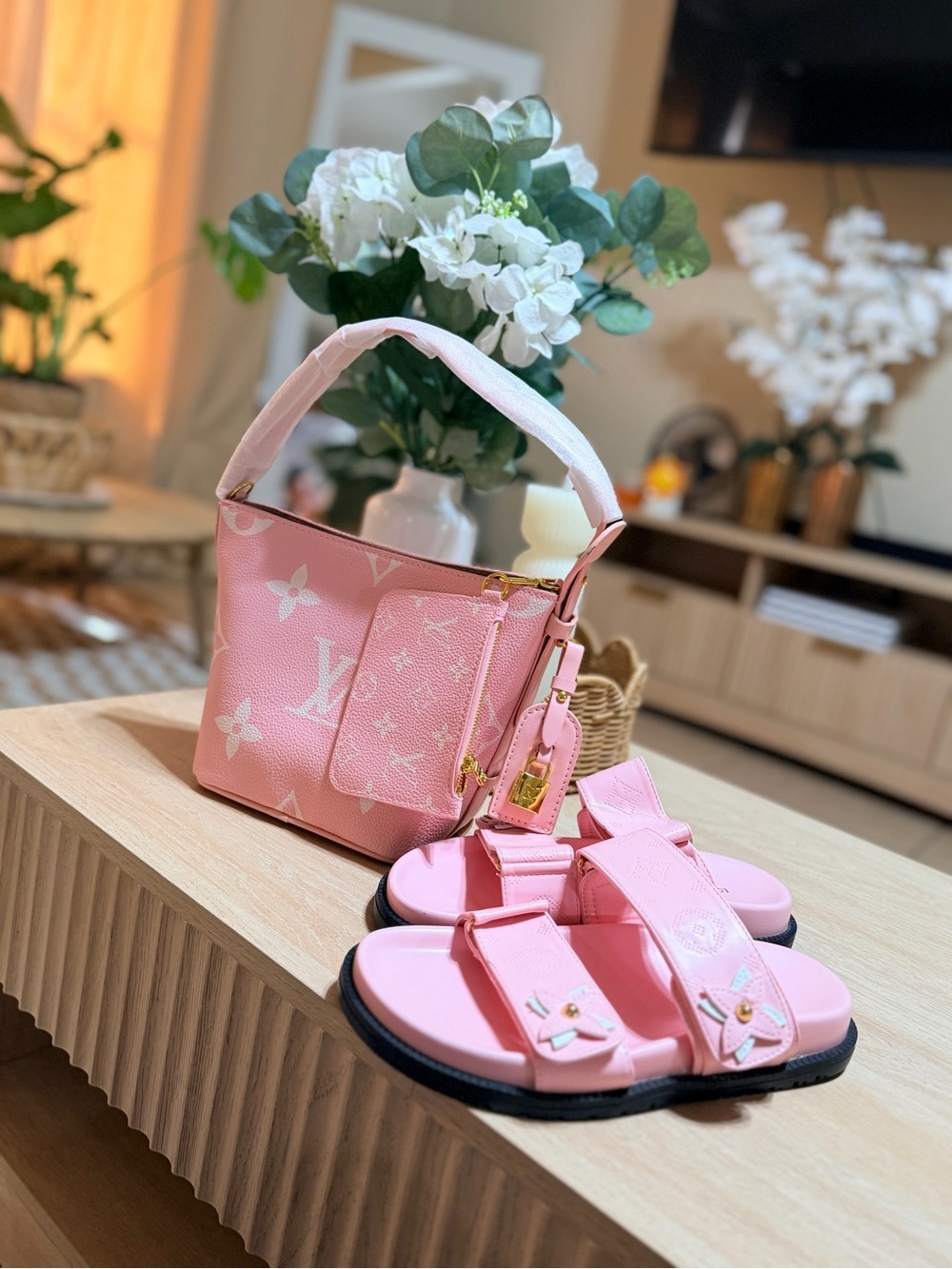 No Boundaries Pink Mini Bucket Bag with Matching Pink Sandals